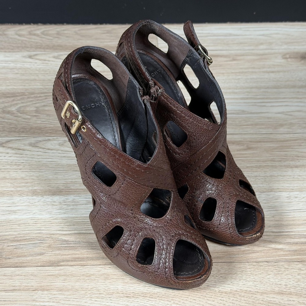 Givenchy Shoes Womens 7.5 Brown Strappy Side Zip Peep Toe Stiletto Heels Italy